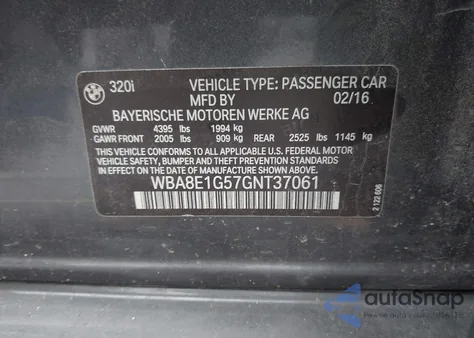 2016 BMW 320I from USA, damaged, VIN WBA8E1G57GNT37061